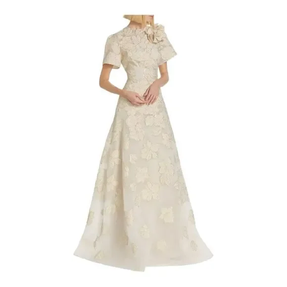 ❌❌ Sold Teri Jon by Rickie Freeman Ivory and Gold Floral Jacquard A-line Gown - Picture 4 of 12